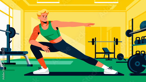 Doing warm-up exercises in the gym, hand-drawn vector illustrations