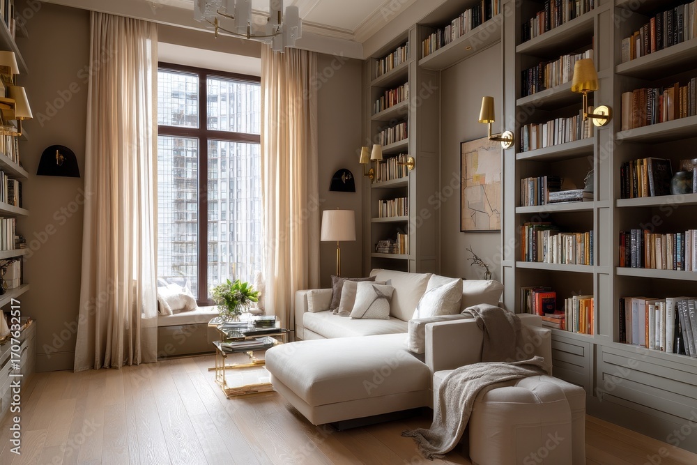 Fototapeta premium A cozy, well-lit library with a comfortable seating area.