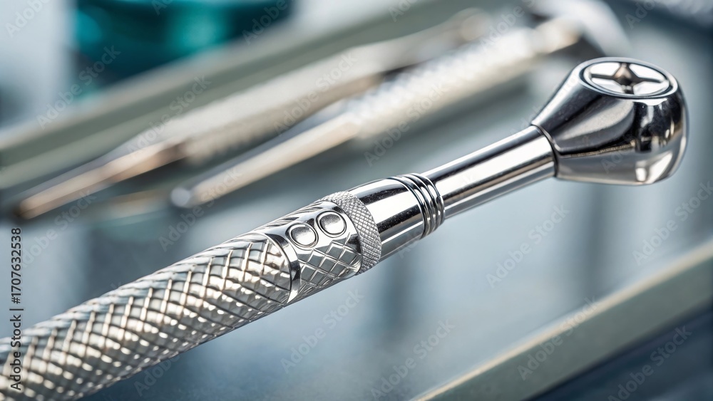 Obraz premium Dental Precision: A meticulously crafted dental tool gleams under studio lighting, its intricate details showcased against a softly blurred backdrop.
