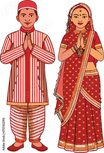 Indian man and woman in traditional red clothing greeting