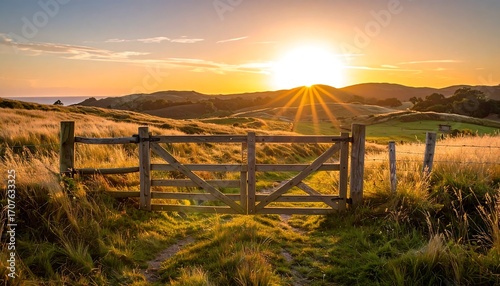 Golden sunset over a rustic field gate