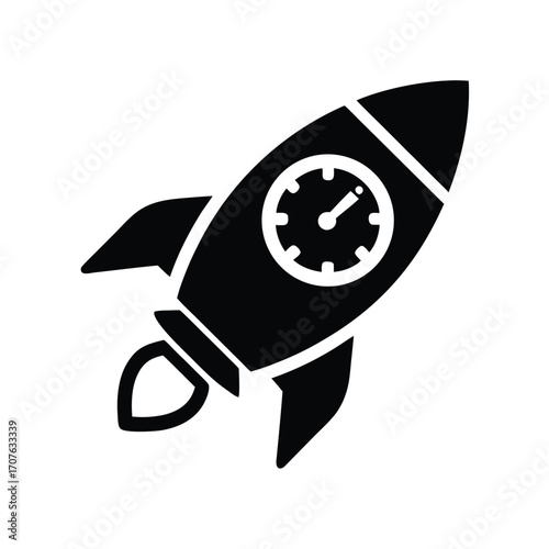 Black rocket showing an analog clock face is launched vertically