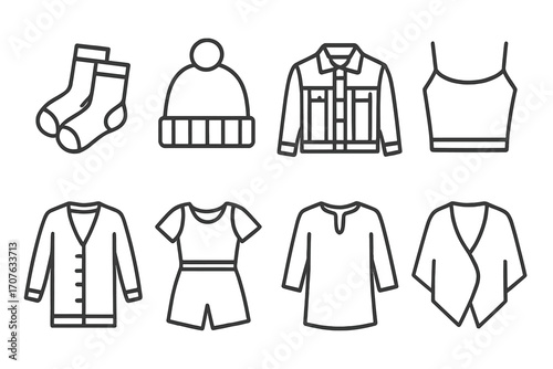 Line art clothing icons: shoes, hat, jacket, top, cardigan, playsuit, tunic, sweater