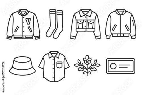 Clothing and accessories icons: jackets, socks, hat, shirt, badge, floral design