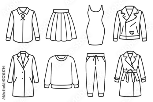 Set of fashion outline icons representing various clothing styles
