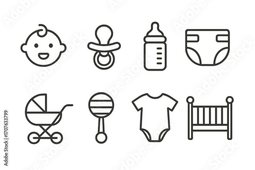 Line art baby essentials: icon set featuring baby, bottle, diaper, rattle, cradle