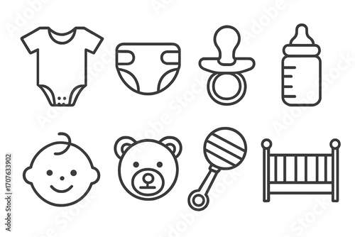 Baby essentials icons: onesie, diaper, pacifier, bottle, and toys