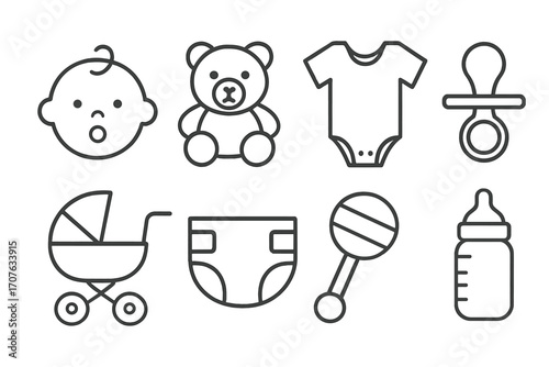 Simple baby essentials: toys, clothing, and accessories icons set