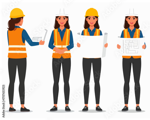 Civil engineer wearing hard hat holding construction project drawing. Character constructor for animation. Front, side and back view set. Body parts, postures, poses collection. Vector illustration.