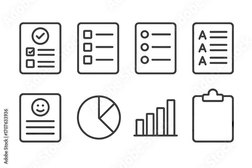 Vector icons of checklist, chart, graph, and clipboard in black and white