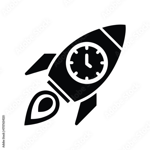 Black rocket with clock face ascends, suggesting effective time management and project deadlines
