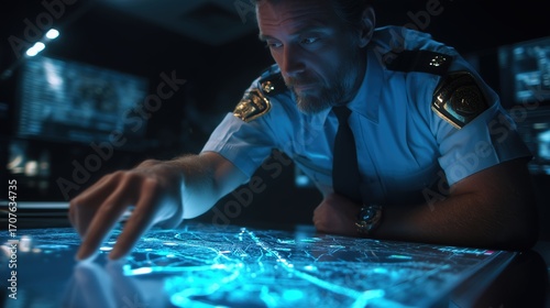 Military officer in a dark command center analyzing a glowing futuristic holographic map for strategic planning.
