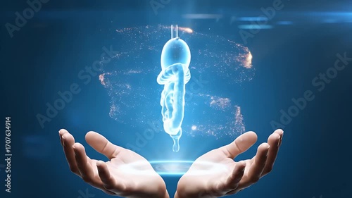 Hands supporting glowing digital human fetus projection