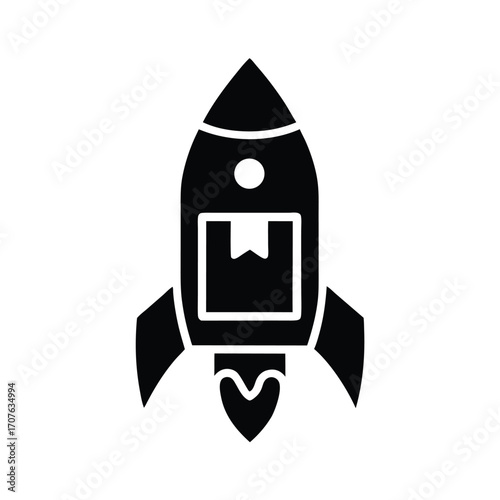 Black rocket with a parcel is launching up and moving forward on white surface
