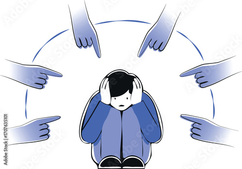 vector illustration of many hands pointing at a single teenager as a symbol of problem of social pressure and bulling