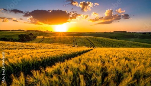 Golden sunset over a vibrant wheat field