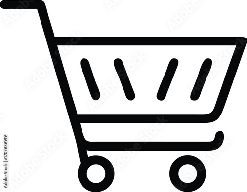 Black shopping cart icon shows a trolley with two wheels on white