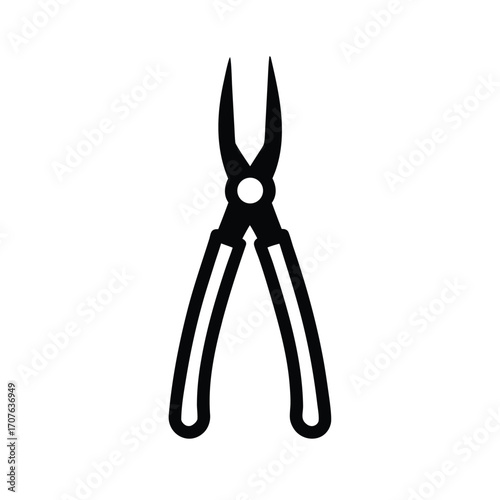 Minimalist black silhouette of pliers on a clean white background