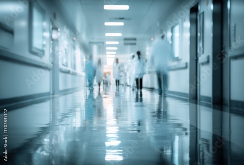 Blurred, clinical teal-toned hallway with figures in white coats, shiny floor reflection, recessed lighting, conveying sterility & institutional calm