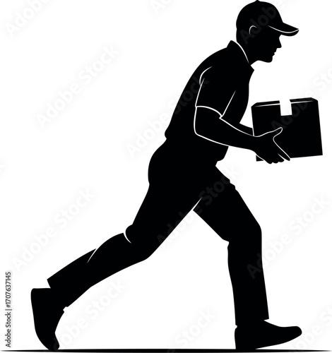 Vector art of silhouette of a delivery man running with a package transparent background