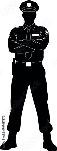 Vector art of silhouette of a police officer standing with arms crossed, transparent background