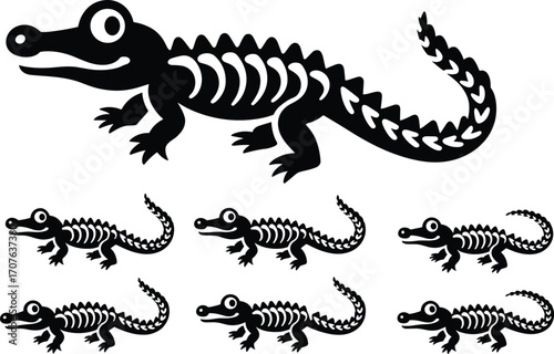 Crocodile skeleton illustration set, black cartoon reptile designs with bones, stylized animal vector for biology, Halloween art, and decorative wildlife graphics