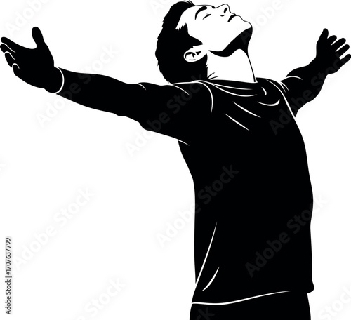 Vector art of man with arms outstretched looking up, transparent background