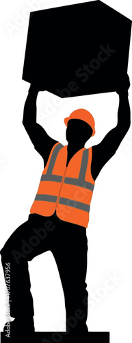 Vector art of silhouette of a construction worker lifting a heavy box, transparent background