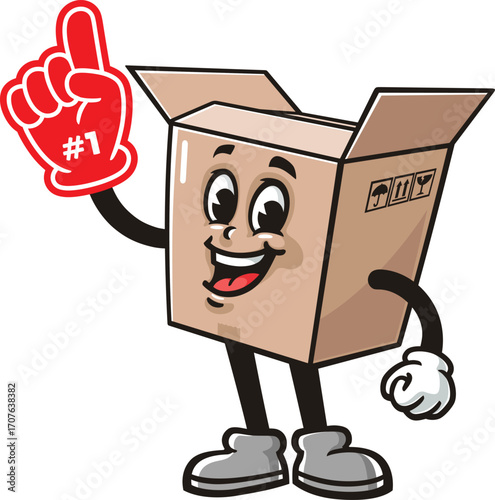 Cartoon cardboard box mascot holding a giant foam finger