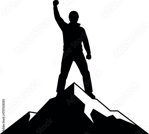 Vector art of silhouette of a person standing on a mountain peak with arm raised in victory, transparent background