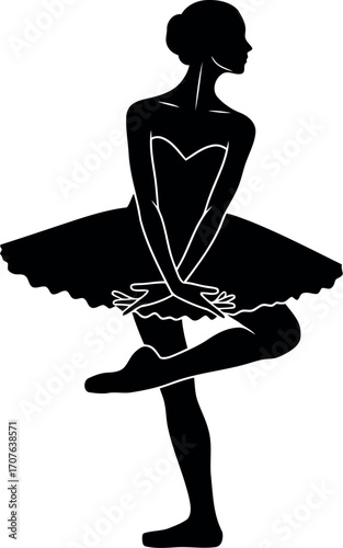 Vector art of silhouette of a ballerina in a tutu, standing in a classical pose, transparent background