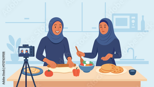 Muslim food bloggers records a step by step recipe in cozy kitchen. Chef live streaming cooking national cuisine dishes. Social media posts creation. Video tutorial, culinary show