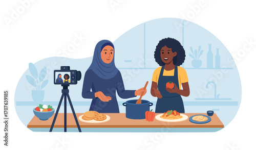 Food bloggers Muslim and African American records a step by step recipe in cozy kitchen. Chef live streaming cooking national cuisine dishes. Social media posts creation. Video tutorial, culinary show