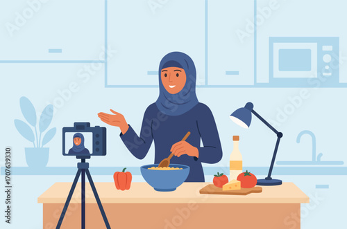 Woman recording food vlog with camera in home kitchen. Muslim vlogger in hijab live streaming cooking national recipe. Content, social media posts creation. Video tutorial, culinary show