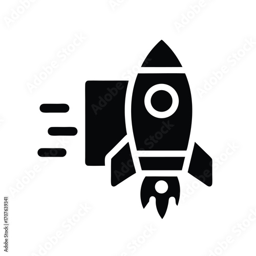 Black silhouette of a rocket with blasting fire is taking off upward strongly