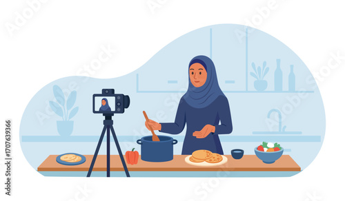 Woman recording food vlog with camera in home kitchen. Muslim vlogger in hijab live streaming cooking national recipe. Content, social media posts creation. Video tutorial, culinary show