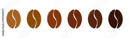 Coffee bean intensity roast level color, strength light medium or dark scale. Set minimal indicator, coffee beans frying. Different brew.