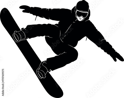 Vector art of silhouette of a snowboarder performing a trick, transparent background