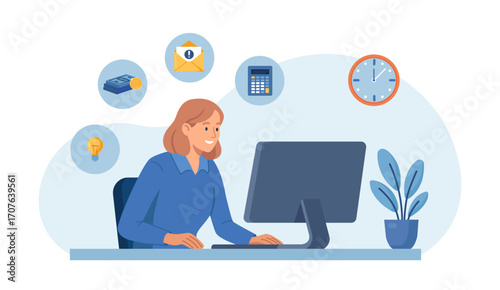 Business woman works on computer. Multitasking, business administration. Character performs multiple tasks for effective time management. Efficient employee performance, work accomplishment
