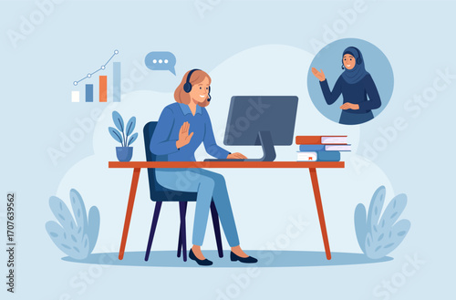 Business woman hosts video meeting on laptop. Remote work. Support customer care, online training and inclusive digital communication. Diverse team members connect through video call