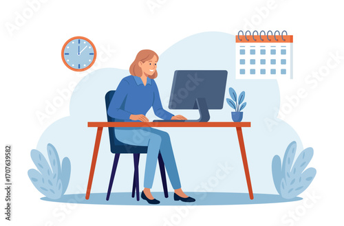 Smiling woman works at desktop in modern office surrounded by plants and clocks, calendar. Business planning and analytics. Productivity and positive work environment concept. Remote work