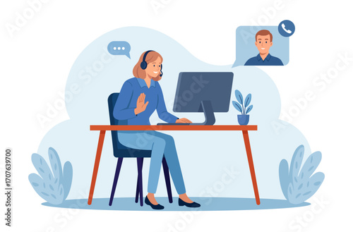 Business woman hosts video meeting with client on laptop. Remote work. Support customer care, online training, digital communication. Team members connect through video call