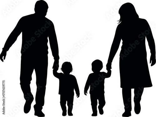Vector art of silhouette of a family with two young children walking hand in hand transparent background