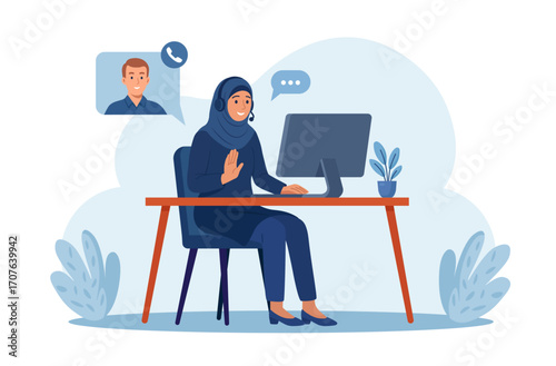 Muslim woman in hijab hosts video meeting with client on laptop. Remote work. Support customer care, online training, inclusive digital communication. Diverse team members connect through video call