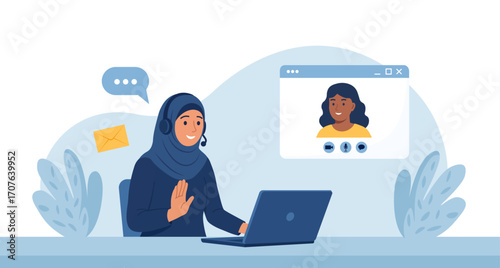 Muslim woman in hijab hosts video meeting with client on laptop. Remote work. Support customer care, online training, inclusive digital communication. Diverse team members connect through video call