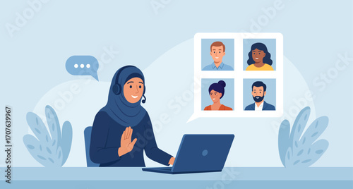 Muslim woman in hijab hosts video meeting on laptop. Remote work. Support customer care, online training and inclusive digital communication. Diverse team members connect through video call