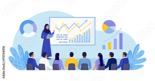 Muslim presenter leads business workshop for diverse team. Arabian woman giving business presentation. Arabic trainer talking pointing to whiteboard with graph. Education leadership inclusion