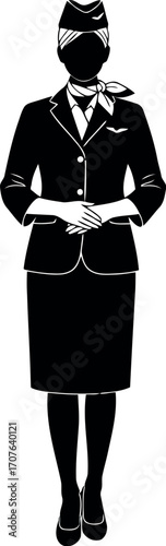 Vector art of silhouette of a flight attendant in uniform, standing with hands clasped, transparent background