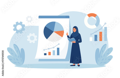 Muslim woman shows market results. Business leader present workflow on whiteboard outlining steps to finish project. Business presentation, professional discussing growth trends and key indicators