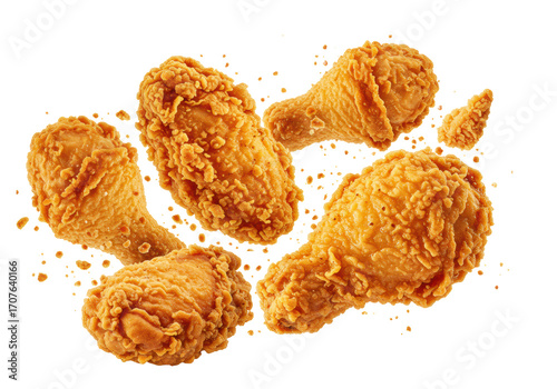 Golden-brown crispy boneless fried chicken pieces, perfectly seasoned, dynamically suspended in mid-air with scattering crumbs, against a transparent background. Concept for food advertising